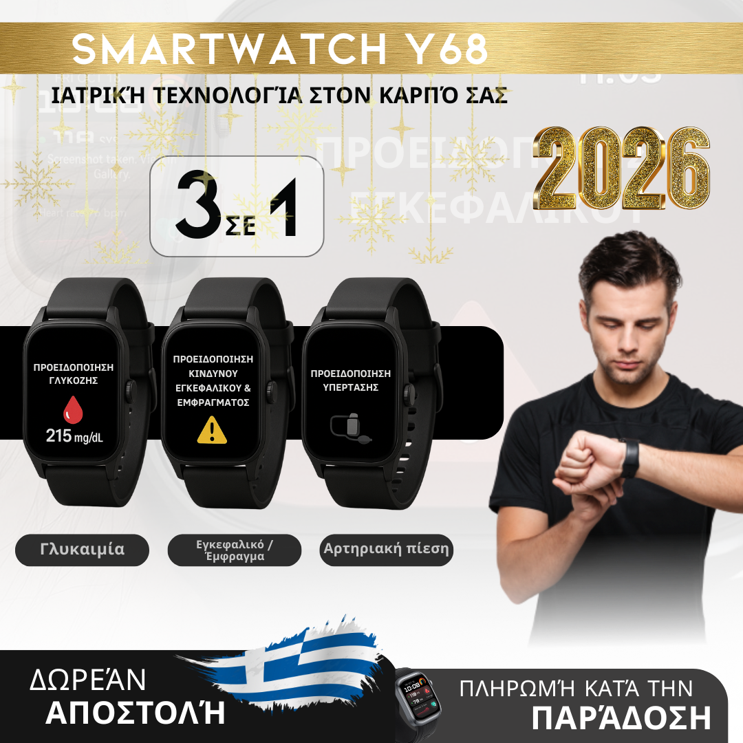 Πρωτοχρονιά | Smartwatch Y68 - Ιατρικός Παρακολουθητής 3 σε 1 (Γλυκόζη, Πίεση, Κίνδυνος Εγκεφαλικού) | Μενού στα Ελληνικά